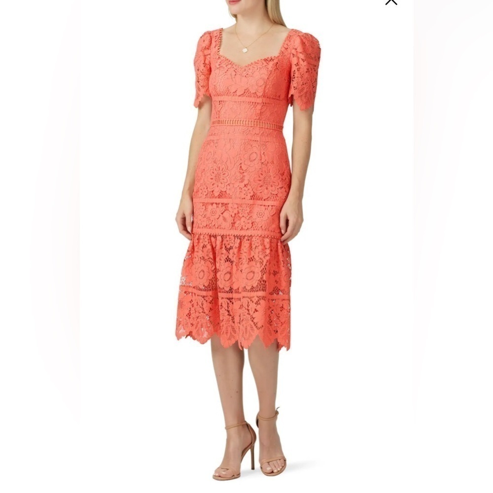SAYLOR Louisa Coral Lace Midi Sheath Dress with Cut Out Waist Size Small